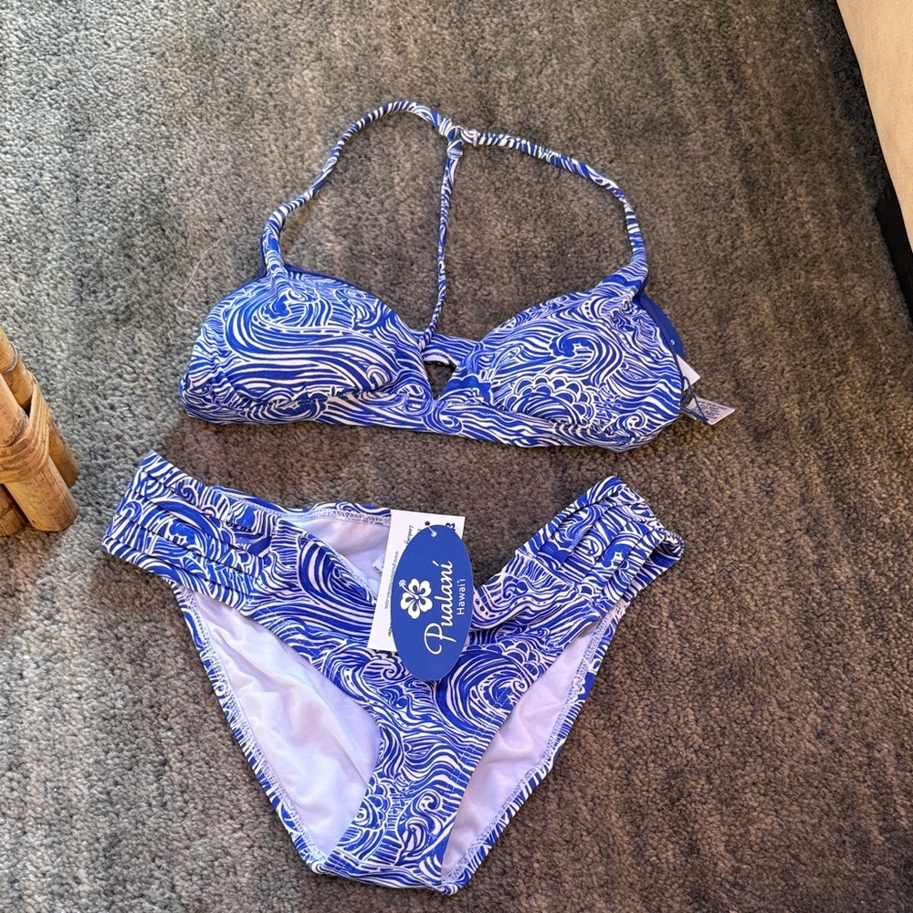 Paulani Hawaii Blue and White Patterned Bikini Set